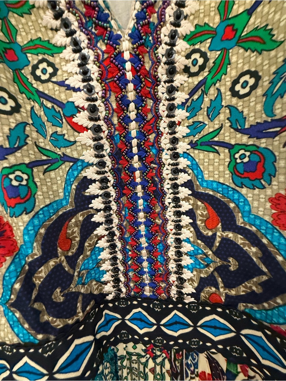 Anthropologie Teal & Cream Mixed-Print Long Sleeve Maxi Dress - Picture 3 of 5